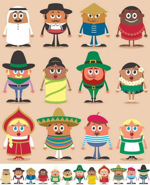 ملیت ها قسمت 1 مجموعه ای از 12 شخصیت با لباس های مختلف ملی هر شخصیت در 2 نسخه رنگی بسته به پس زمینه است از شفافیت و شیب استفاده نشده است