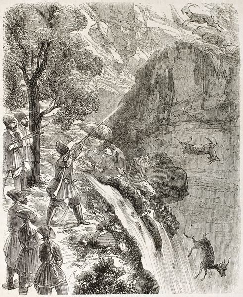 شکار بابونه شاه ایرانی تصویر قدیمی ایجاد شده توسط Laurens منتشر شده در LIllustration Journal Universel پاریس 1860