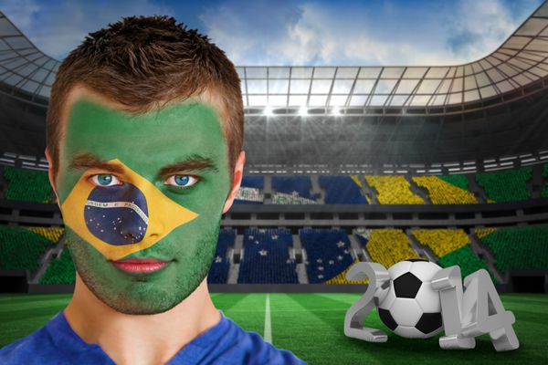 تصویر ترکیبی از هواداران جوان برزیلی با رنگ چهره در برابر استادیوم بزرگ فوتبال با طرفداران برزیلی