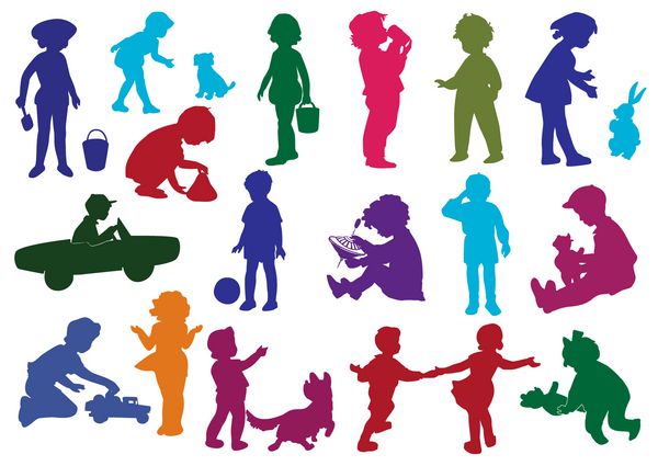 مجموعه ای از سیلوئت های رنگی کشیده شده از کودکان بچه ها و کودکان بازی رقص راه رفتن نوشیدن از شیشه حرکت در ماشین کودک بازی با سگ گریه وکتور