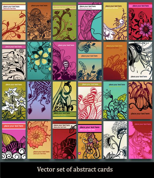 مجموعه وکتور کارت های رنگارنگ گل با گل های شکوفه و گیاهان فانتزی