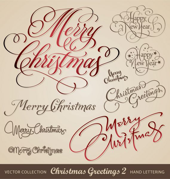 مجموعه 9 پیام تبریک کریسمس با حروف دستی - خوشنویسی دست ساز وکتور 