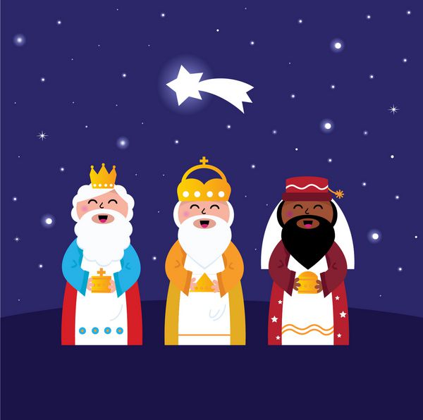 سه مرد حکیم در حال آوردن هدایا برای مسیح صحنه شب 