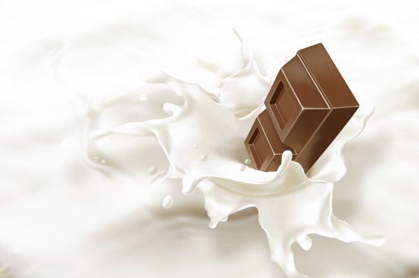افتادن بلوک شکلاتی در دریای شیر باعث پاشیدن آب می شود نمای بسیار نزدیک