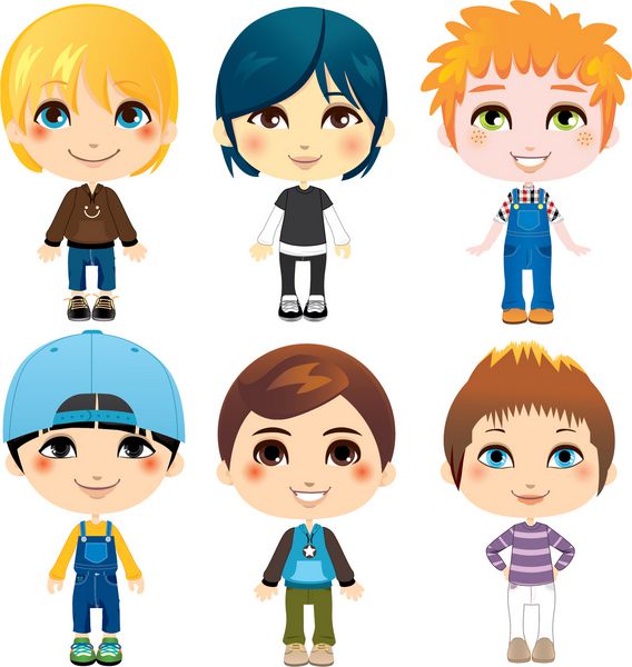 شش پسر کوچک بامزه از گروه های قومی مختلف با سبک های مختلف لباس