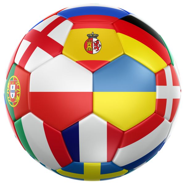 رندر سه بعدی یک توپ فوتبال با پرچم کشورهای شرکت کننده در جام یورو 2012