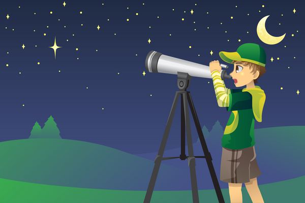 وکتور از پسر جوانی که با استفاده از تلسکوپ به ستارگان در آسمان نگاه می کند
