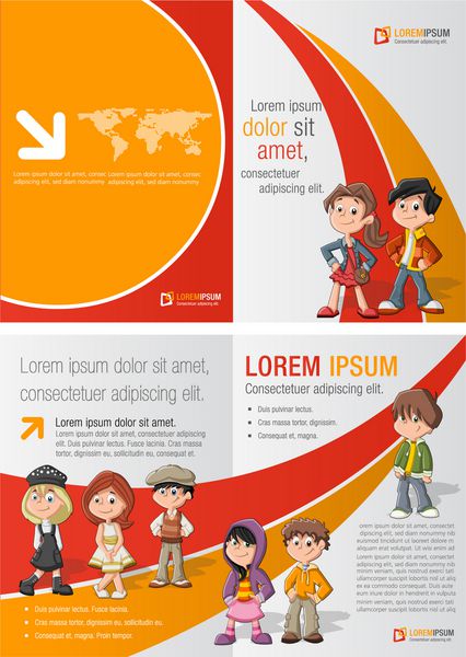 قالب نارنجی و قرمز برای بروشور تبلیغاتی با دانش آموزان کودک