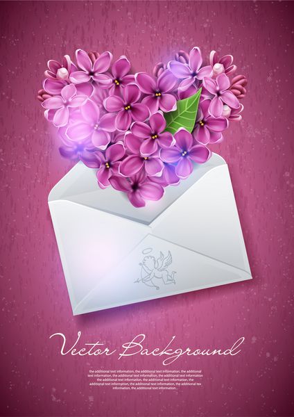 قلب گلهای یاس بنفش در یک پاکت تصویری با موضوع روز ولنتاین