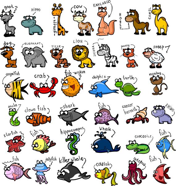 مجموعه بزرگ حیوانات کارتونی وکتور