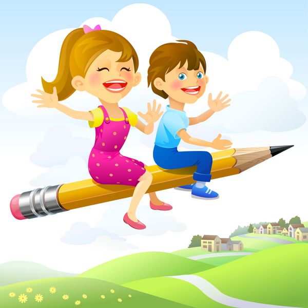 کودکان در حال پرواز با مداد سواری