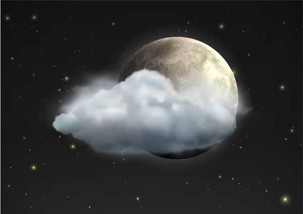وکتور از نماد آب و هوای باحال - ماه واقعی با ابر در آسمان شب شناور است