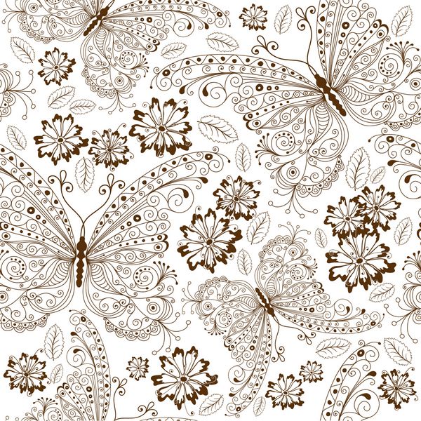 تکرار الگوی گل سفید با پروانه ها و گل های قهوه ای وینتیج وکتور