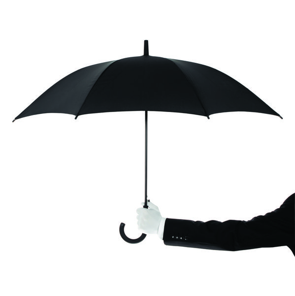 مرد خوش لباسی که از متن یا محصول شما با یک چتر محافظت می کند