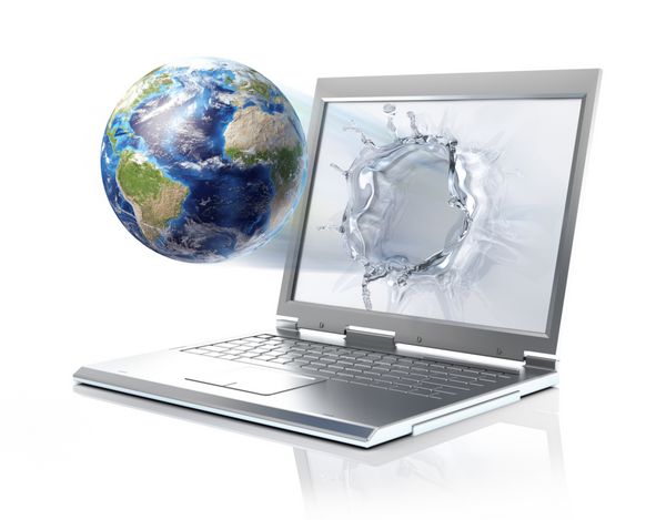 کره زمین که از یک کامپیوتر لپ تاپ بیرون می آید و یک مایع پاشیده روی صفحه تشکیل می دهد جدا شده در پس زمینه سفید با مسیر برش گنجانده شده است