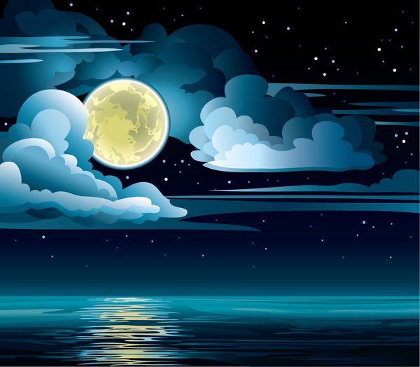 وکتور آسمان ابری شب با ستاره ماه زرد و دریای آرام