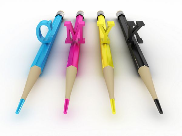 مداد رنگارنگ CMYK جدا شده در پس زمینه سفید تصویر سه بعدی