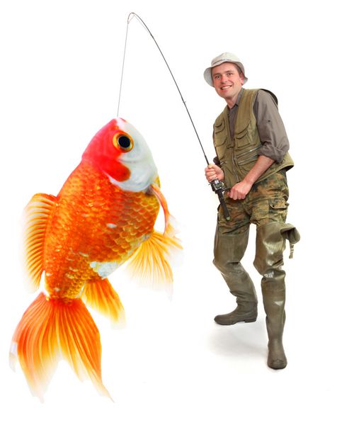 ماهیگیر با ماهی قرمز بزرگش مفهوم کسب و کار موفق