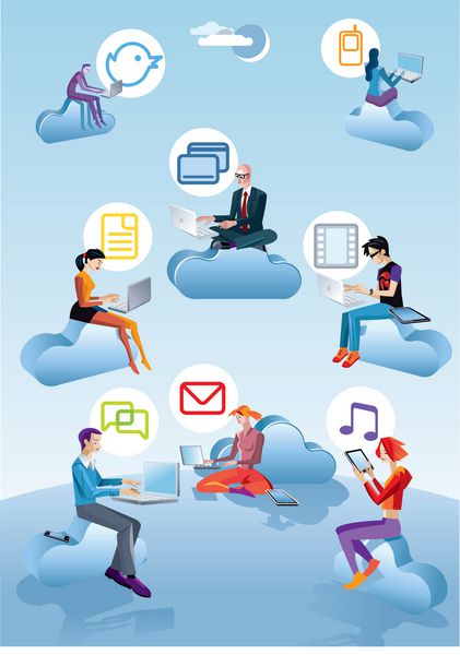 هشت شخصیت چهار مرد و چهار زن که بین ابرها پرواز می کنند و کار می کنند آنها با کامپیوتر تلفن های هوشمند و تبلت ها کار می کنند در کنار هر فرد یک نماد مربوط به اینترنت ظاهر می شود