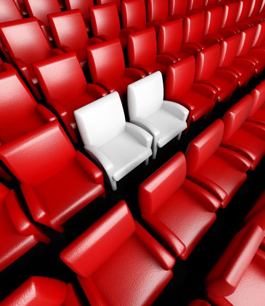 سالن سینمای سه بعدی خالی با سالن و دو صندلی رزرو شده