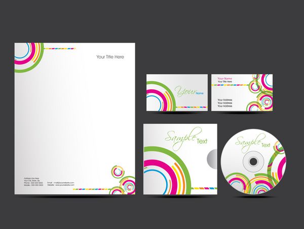 کیت هویت شرکتی یا کیت تجاری با طراحی انتزاعی هنری و رنگارنگ برای کسب و کار شما شامل طرح های جلد سی دی کارت ویزیت و طرح های سر نامه است