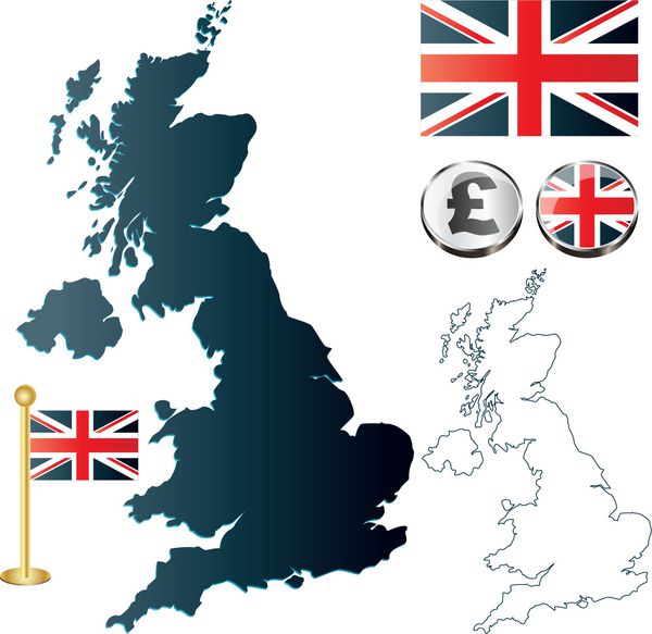 وکتور نقشه بریتانیا پرچم انگلستان و دکمه های براق