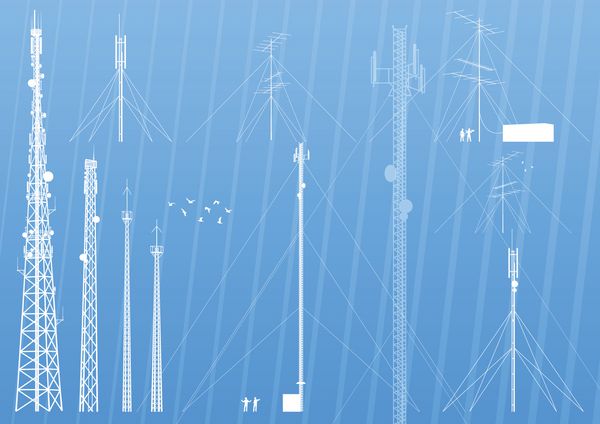 وکتور پس‌زمینه مجموعه تصویرسازی سیلوئت‌های آنتن‌های پخش صنعتی تلفن همراه رادیو تلویزیون اینترنت و ارتش