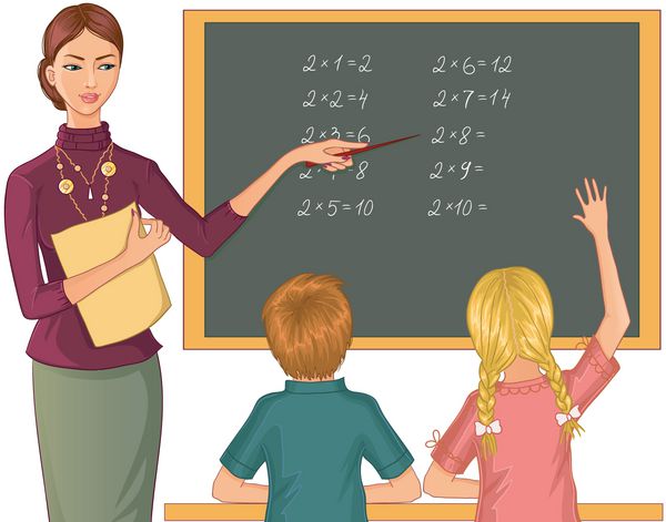 معلم تخته سیاه ریاضیات را برای کودکان توضیح می دهد تصویر وکتور معلم جوانی که به تمرین های ریاضی اشاره می کند و از دختر و پسر می پرسد