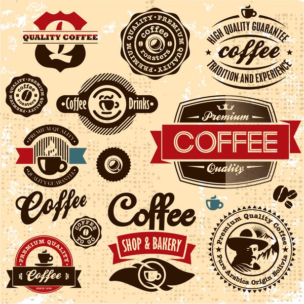 برچسب ها و نشان های قهوه مجموعه قهوه قدیمی به سبک رترو