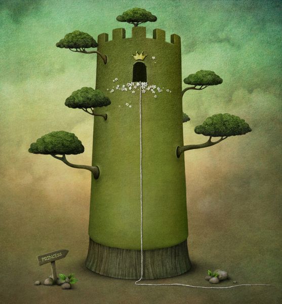 تصویر افسانه یا کارت پستال با برج و درختان