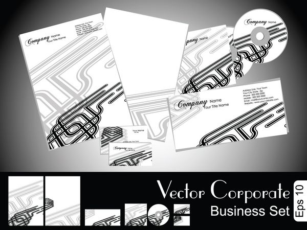 کیت حرفه ای هویت شرکتی یا کیت تجاری با الگوی انتزاعی یکپارچهسازی با رنگ مشکی برای کسب و کار شما شامل جلد سی دی پاکت نامه کارت ویزیت و طرح های سر نامه در است