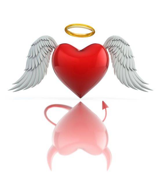 قلب فرشته به عنوان یک قلب شیطان در انعکاس دیده می شود - مفهوم سه بعدی عشق