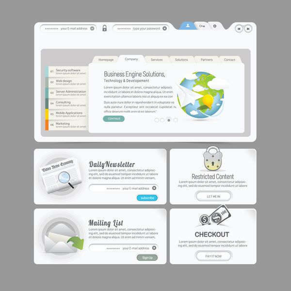 عناصر منوی قالب طراحی وب سایت با مجموعه آیکون ها برچسب های لغزنده تصویر