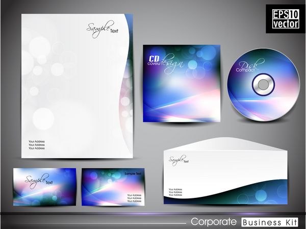 کیت حرفه ای هویت شرکت یا کیت تجاری با طراحی الگوی موج انتزاعی شامل جلد سی دی پاکت نامه کارت ویزیت و طرح های سر نامه در است