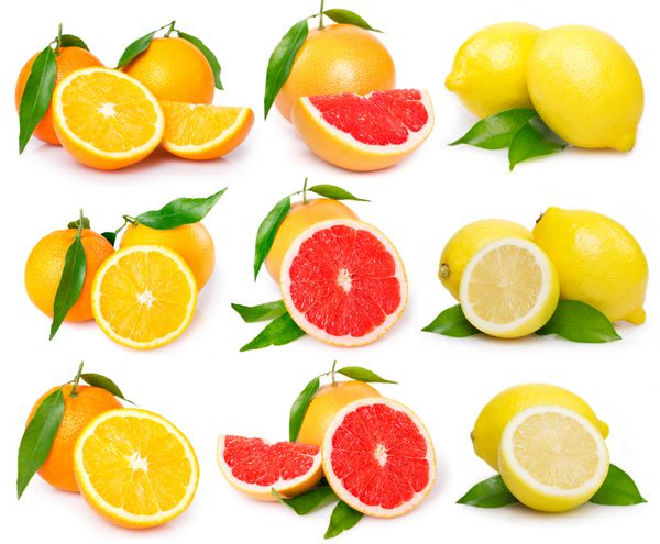 مجموعه ای از گریپ فروت تازه پرتقال و لیمو