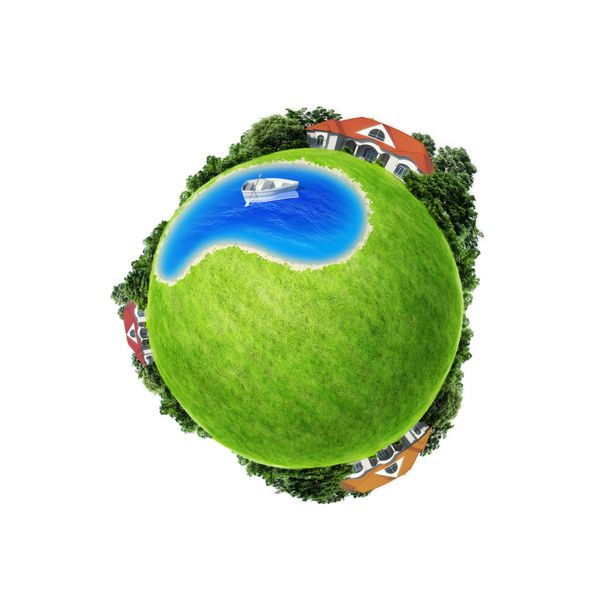 مفهوم سیاره کوچک جدا شده است قایق در مرکز حوض بین سه روستا مفهوم روستایی مجموعه زمین فضای سبز کپی برای متن لوگو تبلیغات یا محصول