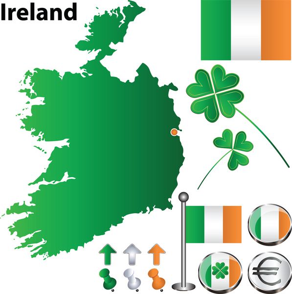 مجموعه وکتور کشور ایرلند با پرچم دکمه و شبدر در پس زمینه سفید