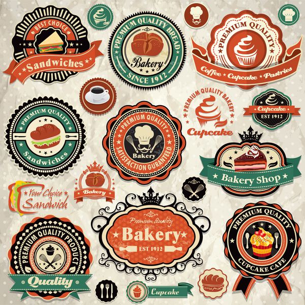 نانوایی گرانج قدیمی کیک کوچک برچسب‌های ساندویچ نشان‌ها و نمادها