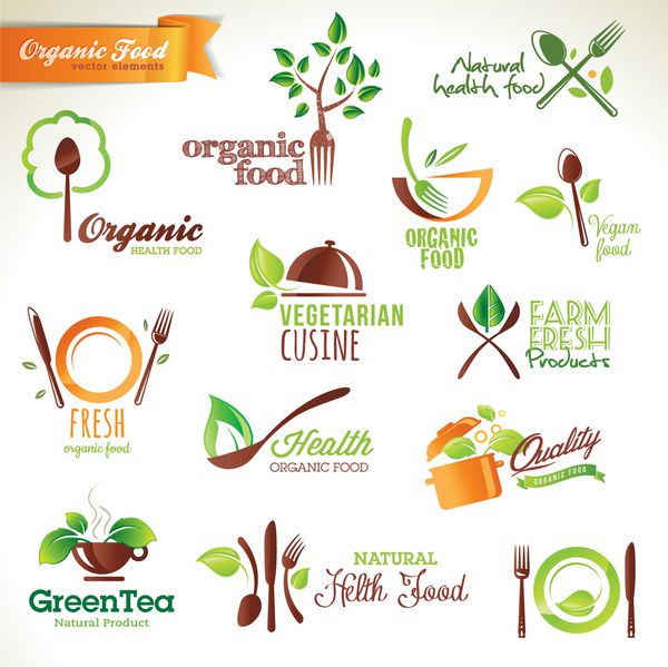 مجموعه ای از نمادها و عناصر وکتور برای مواد غذایی ارگانیک