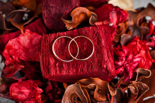 حلقه های ازدواج در پس زمینه قرمز