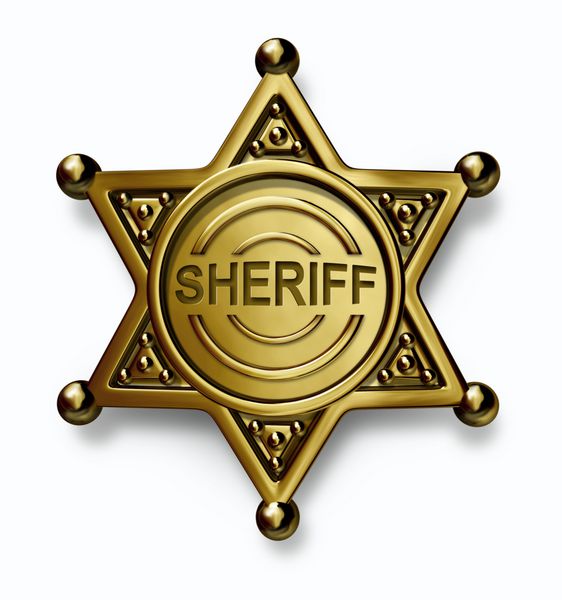 نشان پلیس با کلمه کلانتر حک شده در آرم فلزی برنجی یا طلایی که نمادی از امنیت و حفاظت از اجرای قانون در زمینه سفید است