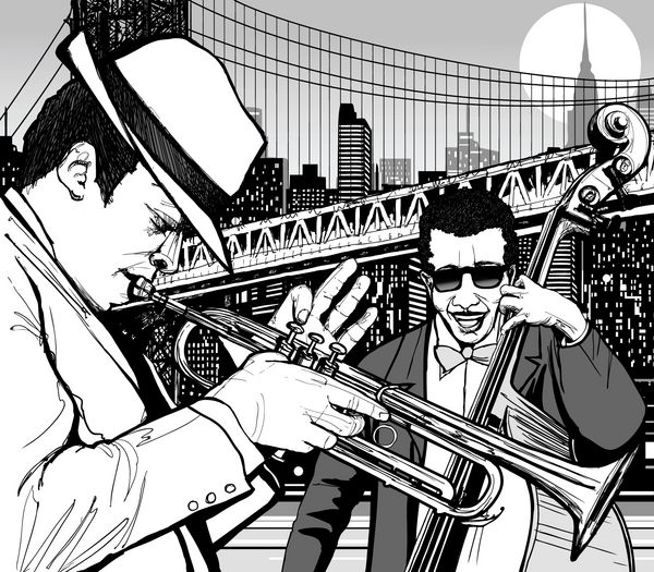 تصویرسازی نوازندگان جاز در نیویورک با ترومپت و کنترباس
