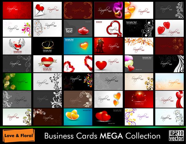 مگا مجموعه 42 کارت ویزیت حرفه ای و طراح انتزاعی یا کارت ویزیت با موضوعات مختلف به صورت افقی چیده شده است