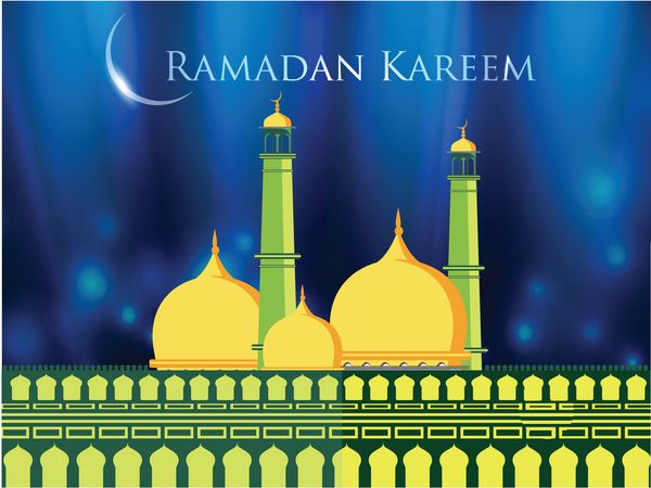 مسجد یا مسجد با ماه براق و متن رمضان کریم