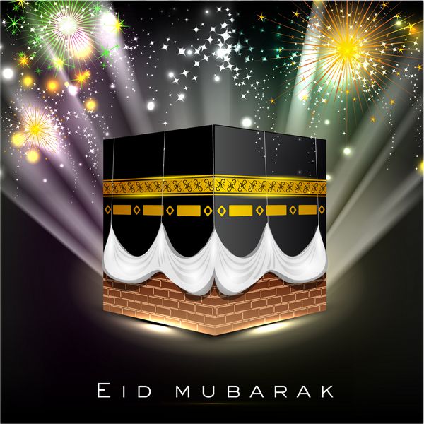نمایی زیبا از قبا یا کعبه شریف در پس زمینه پرتوهای رنگارنگ برای جشن جشن جامعه مسلمانان عید مبارک وکتور
