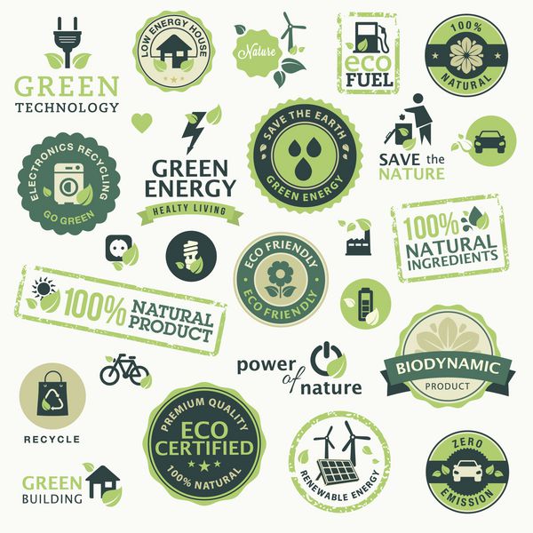 مجموعه ای از برچسب ها و عناصر برای فناوری سبز