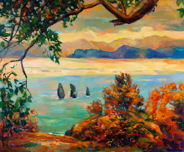 نقاشی رنگ روغن اصلی که دریاچه زیبا منظره غروب خورشید را نشان می دهد جنگل و آسمان امپرسیونیسم مدرن