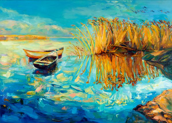 نقاشی رنگ روغن اصلی قایق دریاچه زیبا و سرخس عجله روی بوم غروب خورشید بر روی اقیانوس امپرسیونیسم مدرن