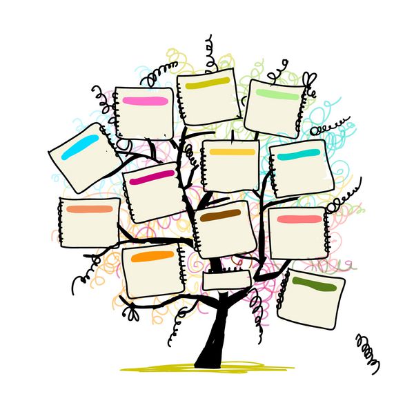 درخت هنری با کاغذهایی برای متن شما طرحی که با دست کشیده شده است