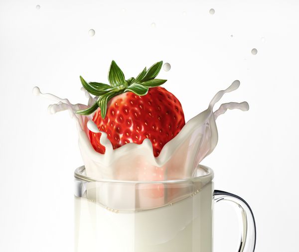 افتادن توت فرنگی در یک لیوان شیشه ای پر از شیر و پاشیدن در زمینه سفید